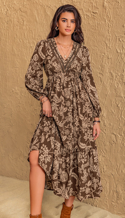Print Long Sleeve Midi Dress