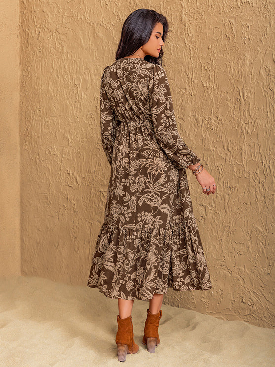 Print Long Sleeve Midi Dress