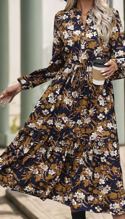 Print Long Sleeve Midi Dress - Camel / S