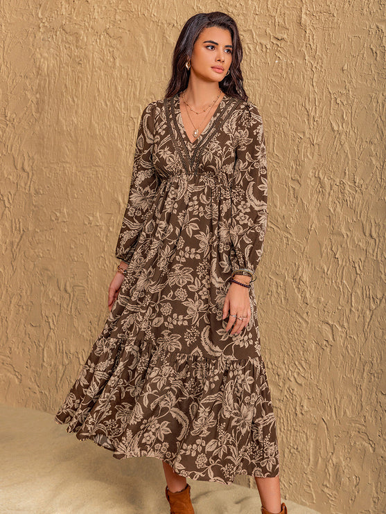Print Long Sleeve Midi Dress - Taupe / S