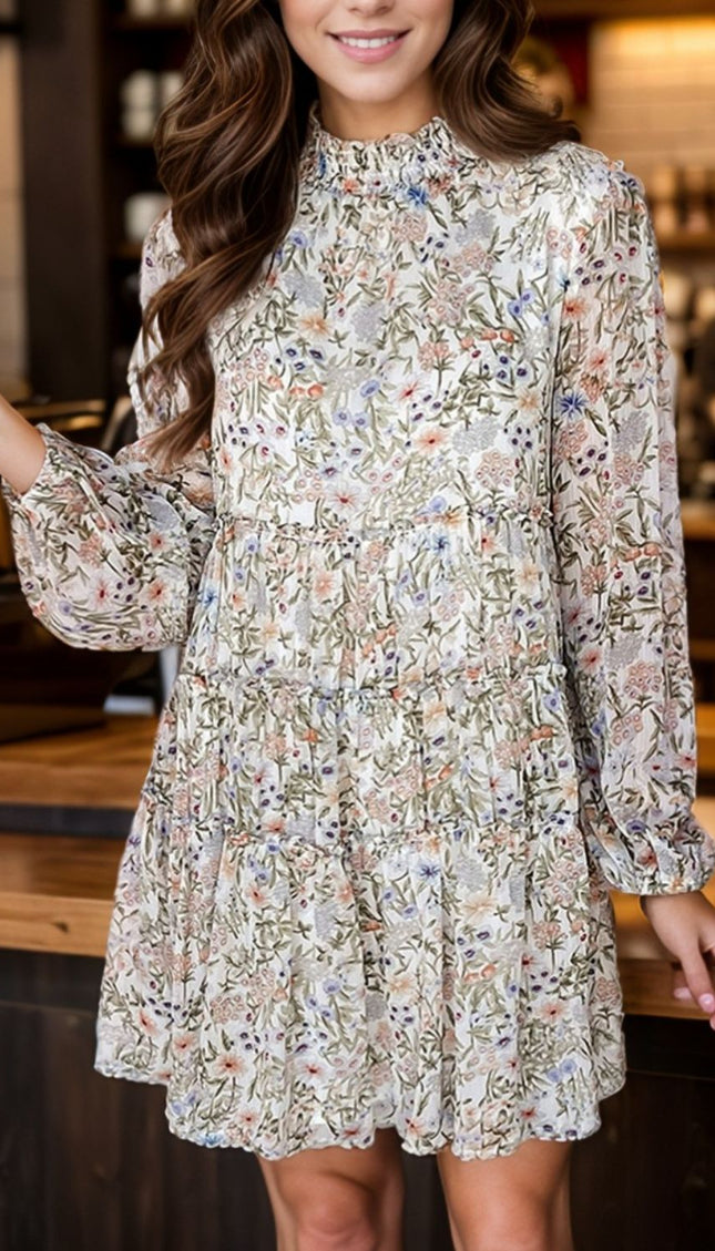 Printed Mock Neck Long Sleeve Mini Dress - Floral / S