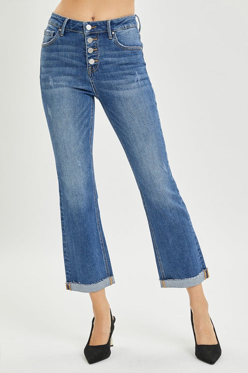 RISEN Full Size Button Fly Cropped Bootcut Jeans - Dark / 0(24) - RISEN