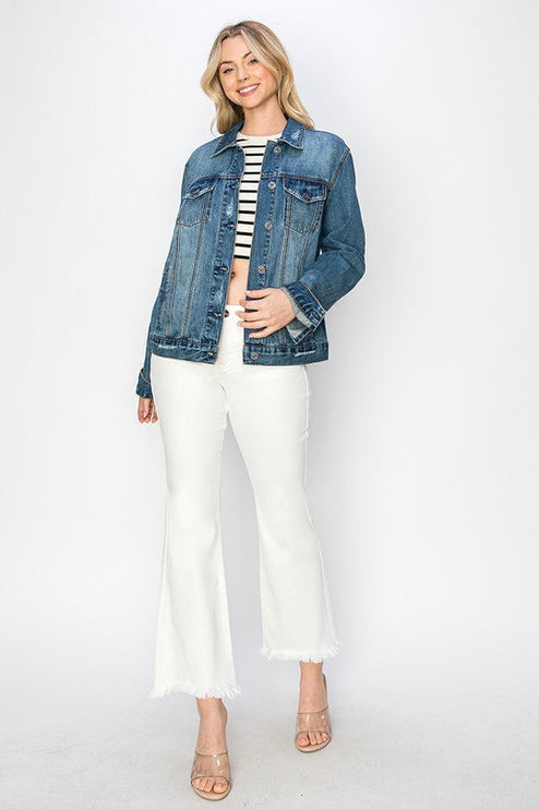 RISEN Full Size Distressed Button Up Jacket - Dark / S