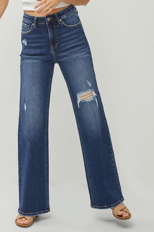 RISEN Full Size High Rise Distressed Wide Leg Jeans - RISEN