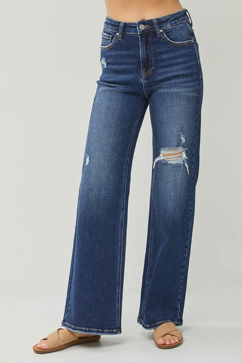 RISEN Full Size High Rise Distressed Wide Leg Jeans - Dark / 0(24) - RISEN