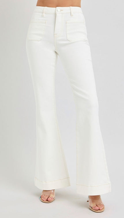 RISEN Full Size High Rise Front Patch Pocket Flare Jeans - Cream / 0(24)