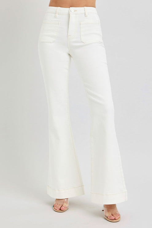 RISEN Full Size High Rise Front Patch Pocket Flare Jeans - Cream / 0(24)