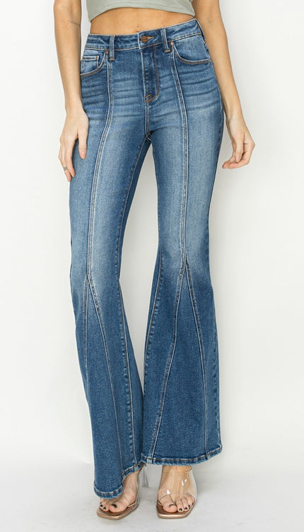 RISEN Full Size High Rise Front Seam Detailed Flare Jeans - Dark / RISEN