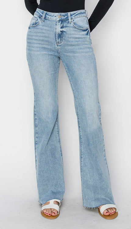 RISEN Full Size High Rise Raw Cut Hem Bootcut Jeans - Light / RISEN