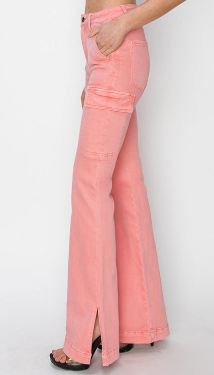 RISEN Full Size High Rise Side Slit Cargo Bootcut Jeans - RISEN