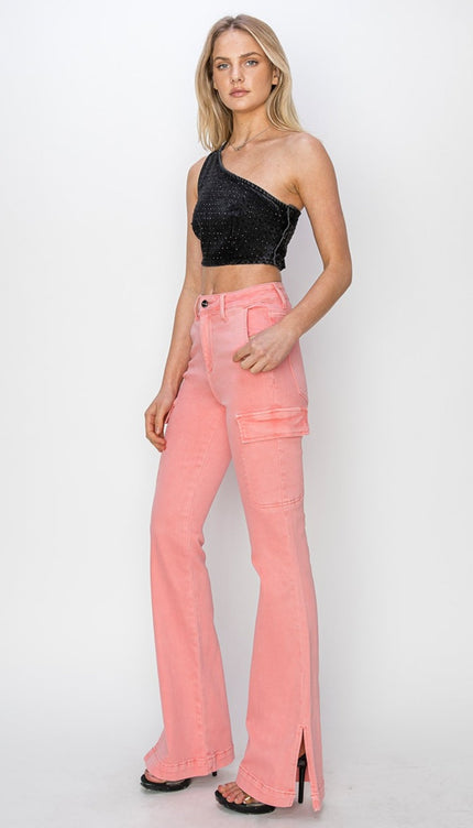 RISEN Full Size High Rise Side Slit Cargo Bootcut Jeans - RISEN