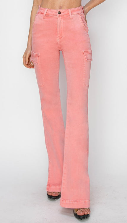 RISEN Full Size High Rise Side Slit Cargo Bootcut Jeans - RISEN