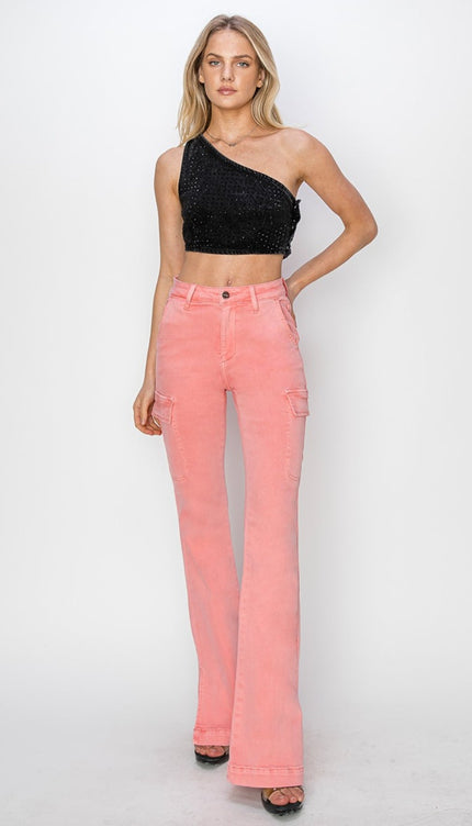 RISEN Full Size High Rise Side Slit Cargo Bootcut Jeans - RISEN
