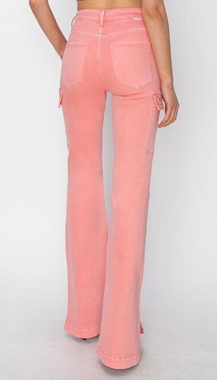 RISEN Full Size High Rise Side Slit Cargo Bootcut Jeans - RISEN