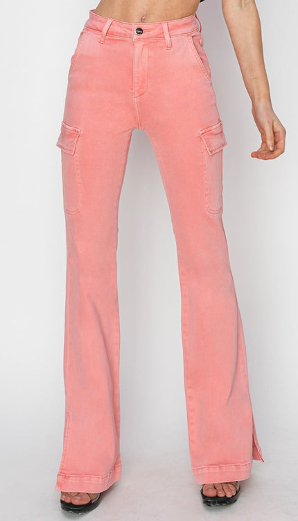 RISEN Full Size High Rise Side Slit Cargo Bootcut Jeans - RISEN