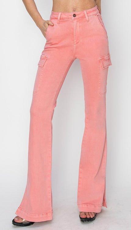 RISEN Full Size High Rise Side Slit Cargo Bootcut Jeans - Flamingo / 0(24) - RISEN