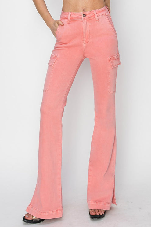 RISEN Full Size High Rise Side Slit Cargo Bootcut Jeans - Flamingo / 0(24) - RISEN