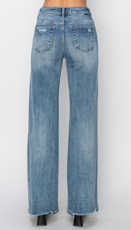 RISEN Full Size High Waist Distressed Wide Leg Jeans - RISEN