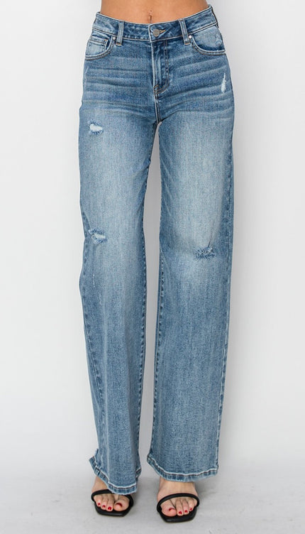 RISEN Full Size High Waist Distressed Wide Leg Jeans - RISEN