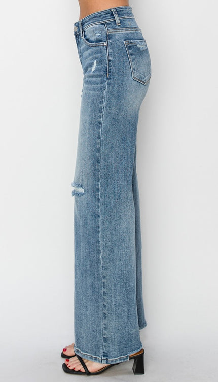 RISEN Full Size High Waist Distressed Wide Leg Jeans - RISEN