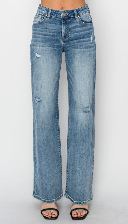 RISEN Full Size High Waist Distressed Wide Leg Jeans - RISEN