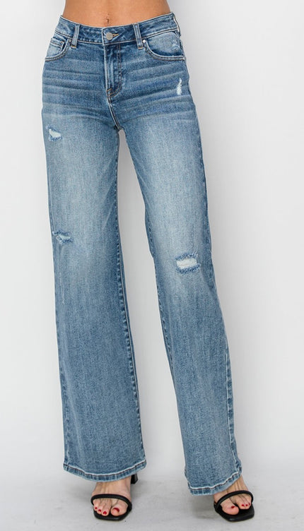 RISEN Full Size High Waist Distressed Wide Leg Jeans - Medium / RISEN