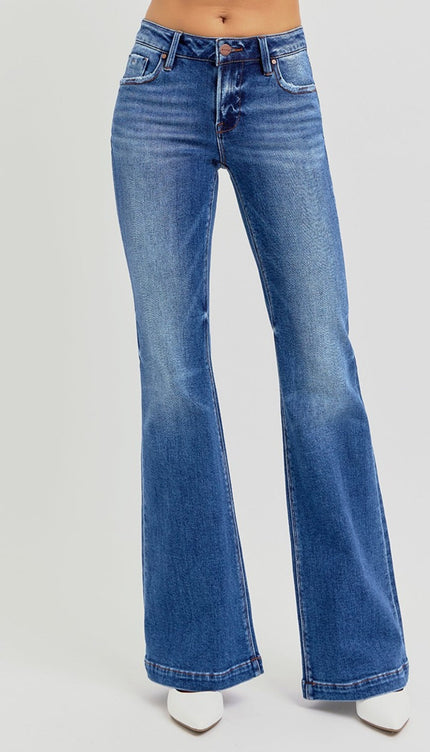 RISEN Full Size Low Rise Flare Jeans with Pockets - Dark / 1(25)
