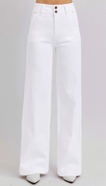 RISEN Full Size Tummy Control Double Button Wide Leg Jeans - RISEN