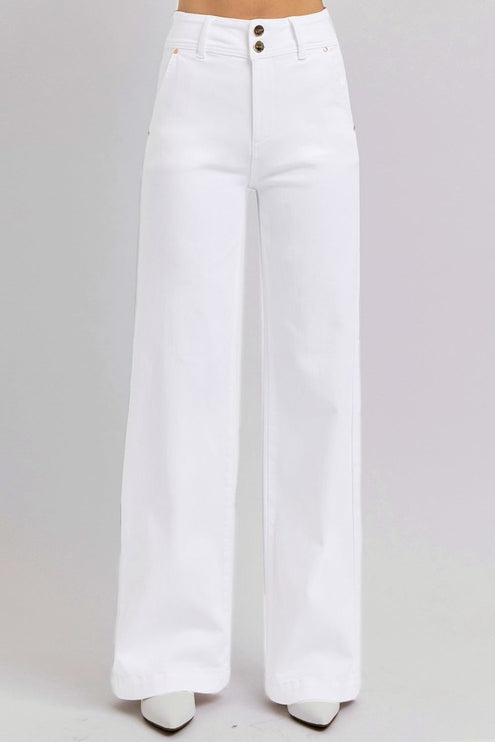 RISEN Full Size Tummy Control Double Button Wide Leg Jeans - RISEN