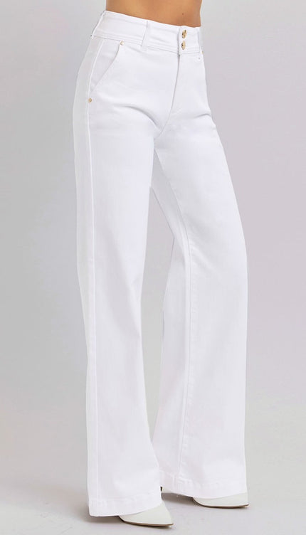RISEN Full Size Tummy Control Double Button Wide Leg Jeans - RISEN