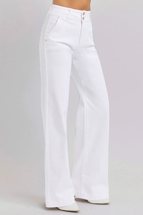 RISEN Full Size Tummy Control Double Button Wide Leg Jeans - RISEN
