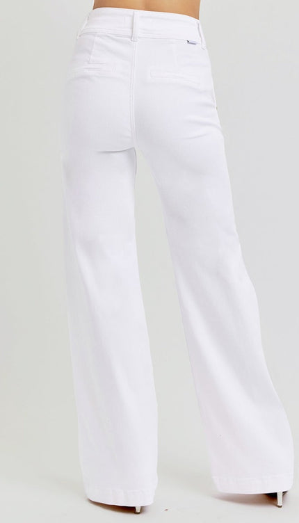 RISEN Full Size Tummy Control Double Button Wide Leg Jeans - RISEN