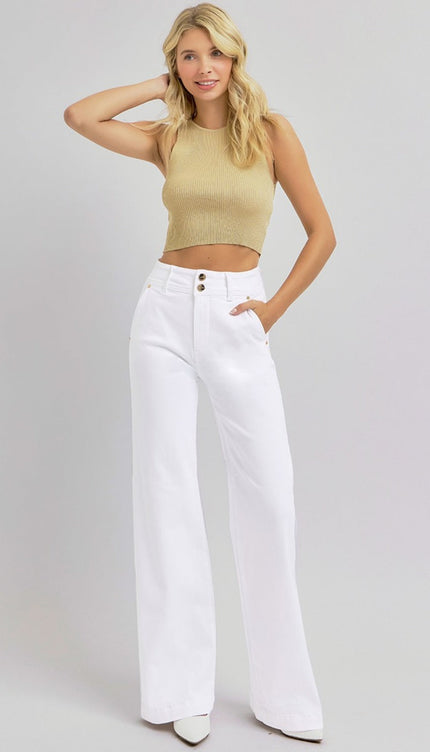 RISEN Full Size Tummy Control Double Button Wide Leg Jeans - RISEN