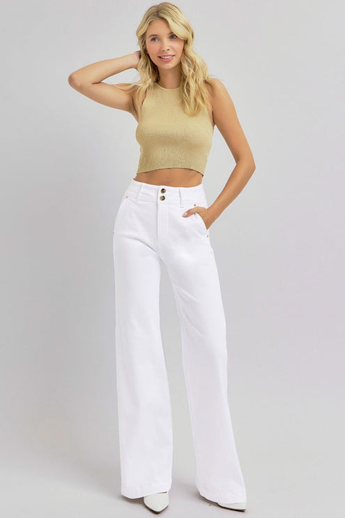 RISEN Full Size Tummy Control Double Button Wide Leg Jeans - RISEN