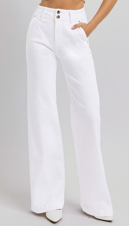 RISEN Full Size Tummy Control Double Button Wide Leg Jeans - RISEN