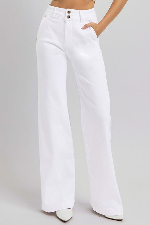 RISEN Full Size Tummy Control Double Button Wide Leg Jeans - RISEN