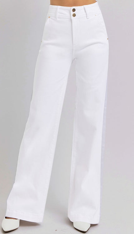 RISEN Full Size Tummy Control Double Button Wide Leg Jeans - White / 0(24) - RISEN
