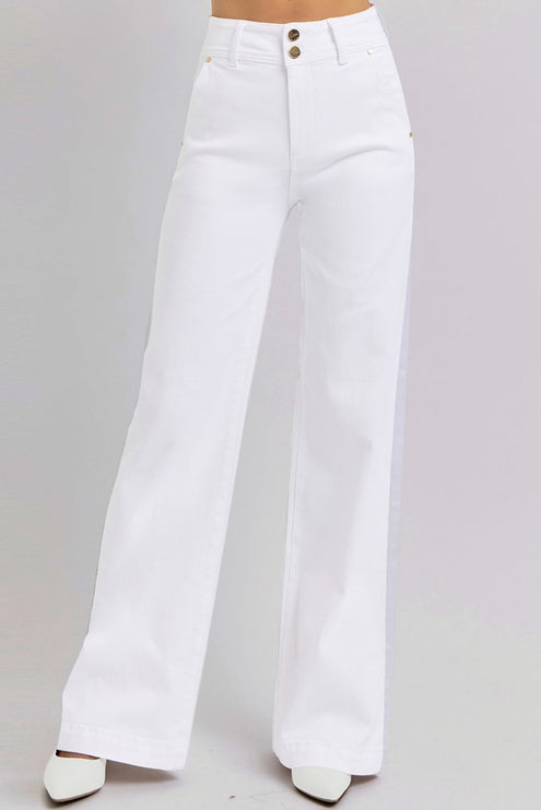 RISEN Full Size Tummy Control Double Button Wide Leg Jeans - White / 0(24) - RISEN