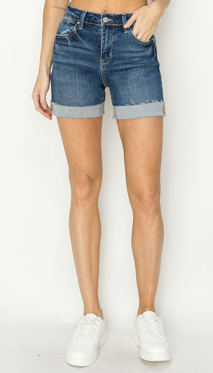 RISEN High Rise Cuffed Denim Shorts - RISEN