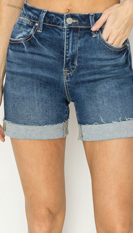 RISEN High Rise Cuffed Denim Shorts - Dark / S - RISEN