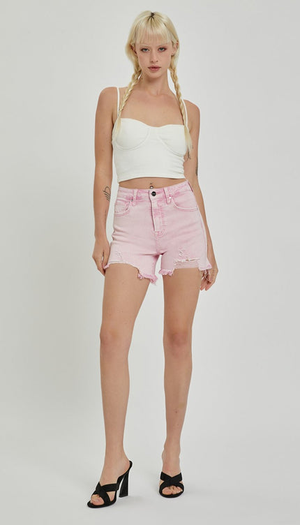 RISEN High Rise Distressed Denim Shorts-Modish