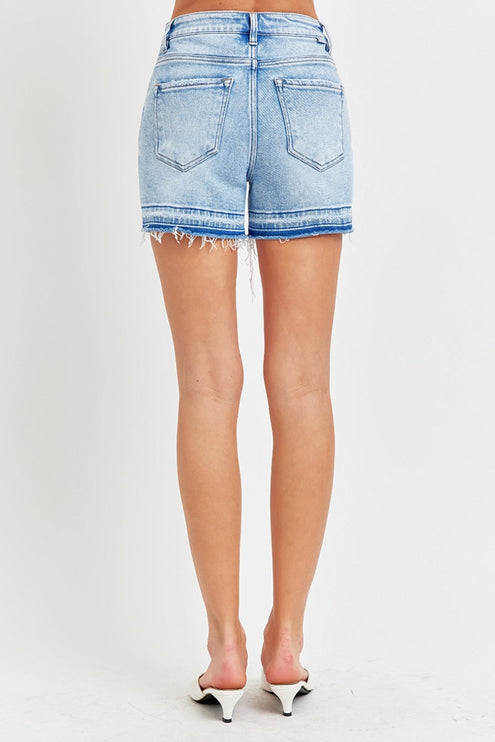 RISEN High Rise Distressed Hem Denim Shorts - RISEN