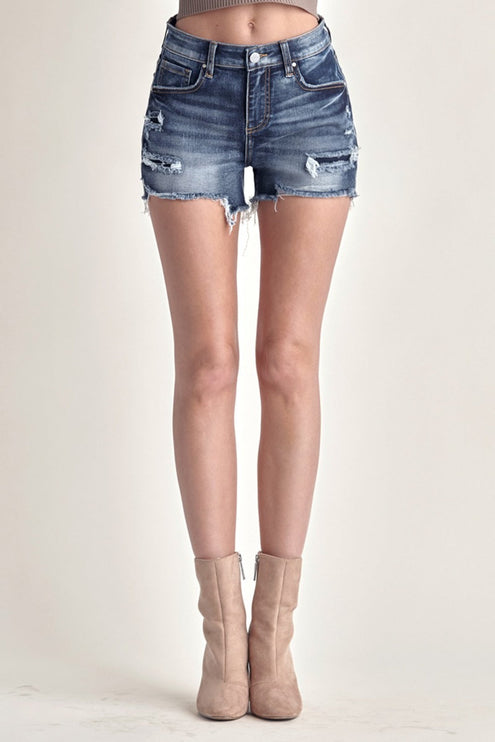 RISEN Mid Rise Raw Hem Denim Shorts-Modish