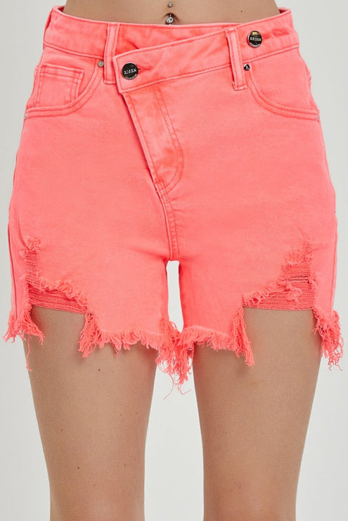 RISEN Raw Hem Asymmetrical Waist Denim Shorts-Modish