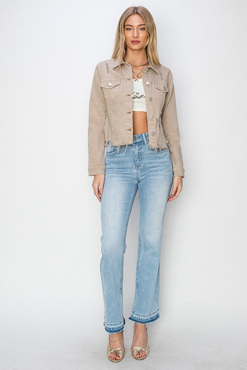 Risen Taupe Irregular Fray Hemed DenimJacket