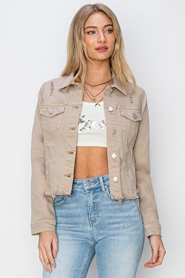 Risen Taupe Irregular Fray Hemed DenimJacket