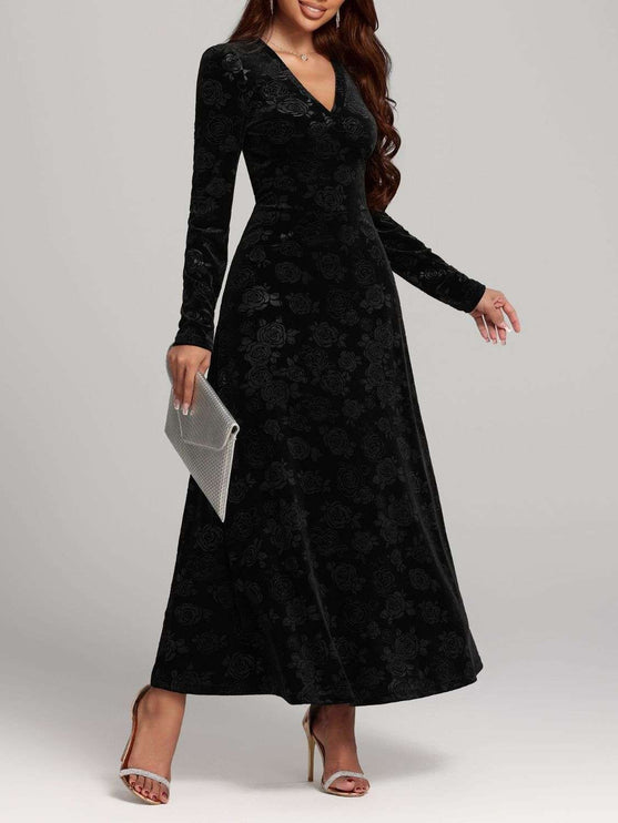 Rose Print V-Neck Long Sleeve Dress - Black / S