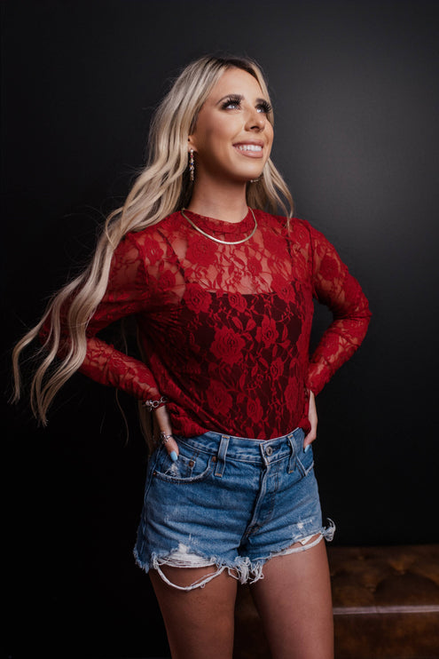 Roses Lace Mesh Top - S / Red