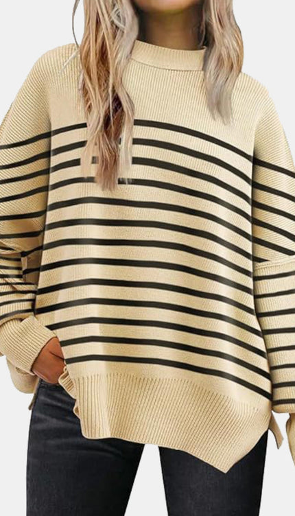 Round Neck Drop Shoulder Slit Sweater - Apricot/Black / S - Sweaters