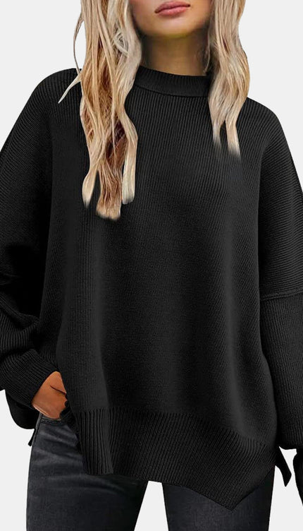 Round Neck Drop Shoulder Slit Sweater - Black / S - Sweaters